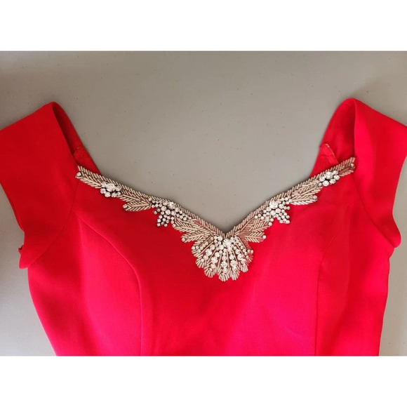 Mikael Aghal Mermaid V-neck Embellished Gown Maxi Dress Size 6 Red #1J403 - Picture 7 of 12